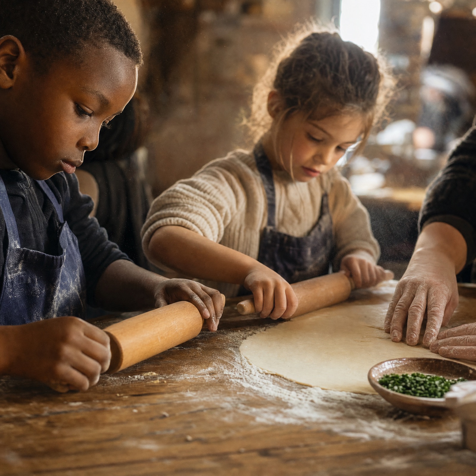 Un enfant fier tient son bourdelot doré tout juste sorti du four
